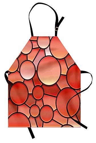 Lunarable Abstract Apron, Stained Glass Graphic Design Mosaic Pattern Circles Lines Vibrant Illustration, Unisex Kitchen Bib Apron with Adjustable Neck for Cooking Baking Gardening, Salmon Black