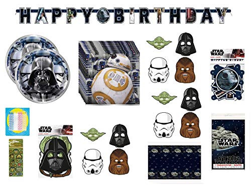 Star-Wars Birthday Party Supplies Decoration Bundle for 16 Includes 16 Dessert Cake Plates, Napkins, Table Cover, Banner, Party Paper Masks, Stickers, Candles