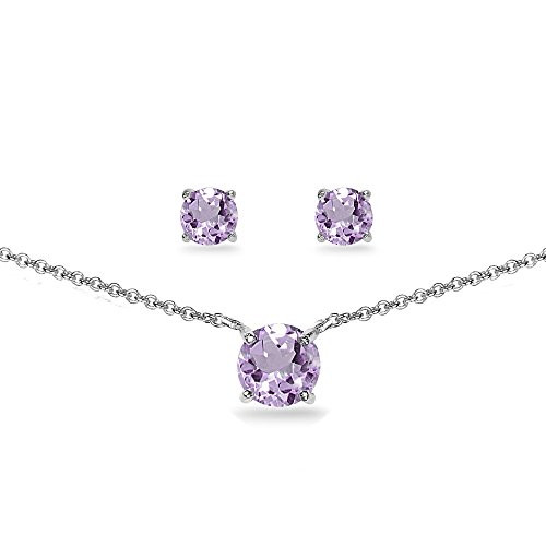 GemStar USA Sterling Silver Amethyst Round Solitaire Choker Necklace and Stud Earrings Set