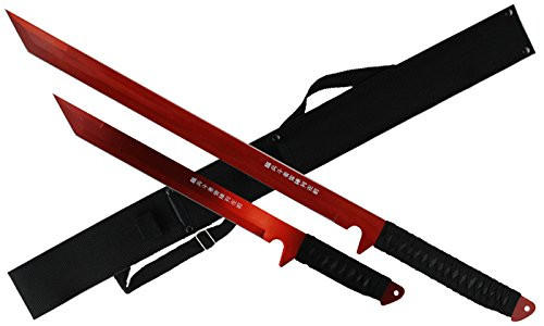 2 PC 27" Ninja Machete Sword Zombie Tactical Survival Katana Durable Knife Set (Red)