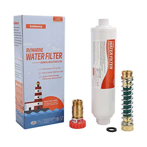 Solimeta RV Marine Water Filter with Flexible Hose Protector, Water Pressure Regulator for RV Camper, Garden Hose Water Filter