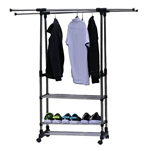 INFILM Dual Rod Extendable 3 Tiers Stainless Steel Clothing Garment Shoe Rack,Horizontal Vertical Rolling Clothes Rack Adjustable Clothes Hanging Rack for Entryway Bedroom Home Office INFILM Dual Rod Extendable 3 Tiers Stainless Steel Clothing Garment Shoe Rack,Horizontal Vertical Rolling Clothes Rack Adjustable Clothes Hanging Rack for Entryway Bedroom Home Office