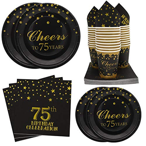 Pandecor 120PCS Gold Cheers to 75 Years Disposable Tableware Set -Serves 30- Include Dinner Plates,Dessert Plates,Cups and Napkins for 75th Birthday Party and Anniversary Party Pandecor 120PCS Gold Cheers to 75 Years Disposable Tableware Set -Serves 30- Include Dinner Plates,Dessert Plates,Cups and Napkins for 75th Birthday Party and Anniversary Party