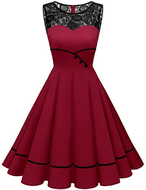 Bbonlinedress Women's 50s Vintage Floral Lace Retro Rockabilly Sleeveless Round Neck Cocktail Party Swing Dress Dark Red 3XL