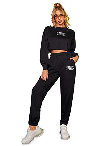SweatyRocks Women's 2 Pieces Outfits Long Sleeve Crop Top and Sweatpants Jogger Set Letter Black L