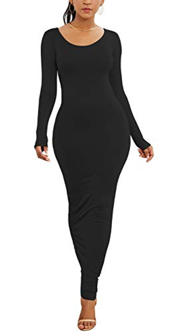 PRIMODA Women's Scoop Neck Long Sleeve Bodycon Maxi Dress Casual Long Dress(L Black)