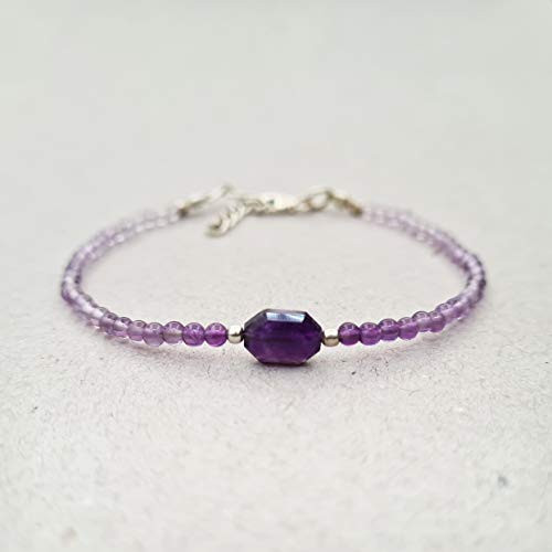 Natural Amethyst Bracelet for her Round Beads Jewelry Sterling Silver February Birthstone Gift ideas