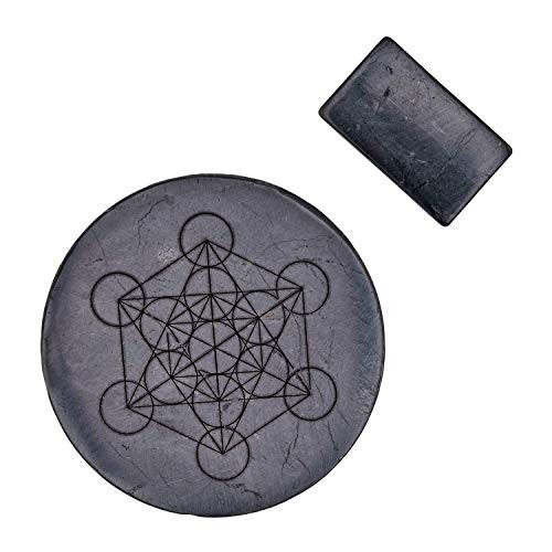 Shungite EMF Protection Plates for Cell Phones, Tablets, Laptops - Shungite Stone Stickers for Electronics with Sacred Geometry  Set of 2, Large Plate with Metatrons Cube