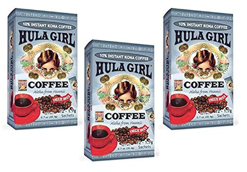 Hula Girl 10 percent Kona Freeze Dried Instant Coffee Sachet (10 percent Kona, 3 Box of 12)