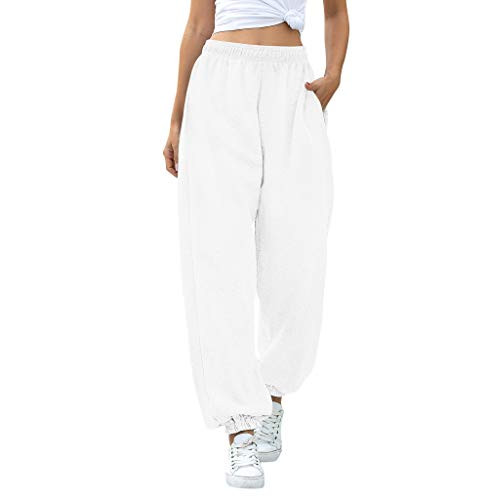 MUMUBREAL Women's High Waisted Sweatpants Baggy Joggers Pants Athletic Workout Active Lounge Bottom (White,L)