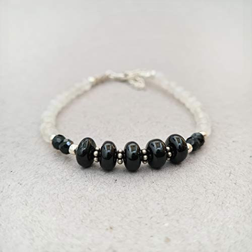 Black Spinel Bracelet for Women Round White Moonstone Beads Silver Gemstone Jewelry June Birthstone Black Spinel Bracelet for Women Round White Moonstone Beads Silver Gemstone Jewelry June Birthstone