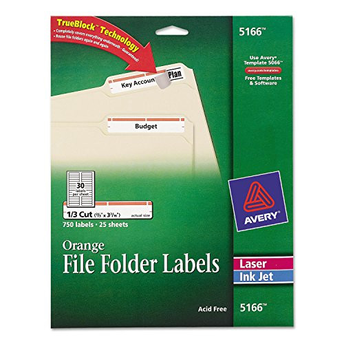 Avery 5166 TrueBlock File Folder Labels, Laser/Inkjet, 1/3 Cut, Orange, 750/PK
