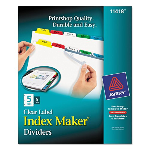 Index Maker and reg White Dividers, Multicolor 5-Tab Style, with Clear Labels, 5 Sets/Pack (AVE11418)
