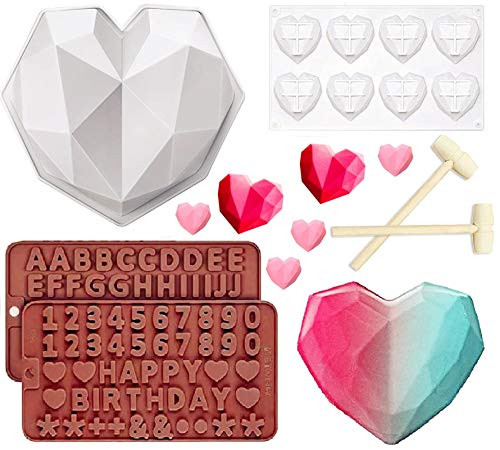 Diamond Heart Mousse Silicone Cake Mold Tray, 8 Cavities Heart Diamond Shaped Cake Mold Tray, 2 Pieces Chocolate Mold Letter Number Shaped Mold and 2 Pieces Wooden Hammer for Home Kitchen DIY Tools Diamond Heart Mousse Silicone Cake Mold Tray, 8 Cavities Heart Diamond Shaped Cake Mold Tray, 2 Pieces Chocolate Mold Letter Number Shaped Mold and 2 Pieces Wooden Hammer for Home Kitchen DIY Tools