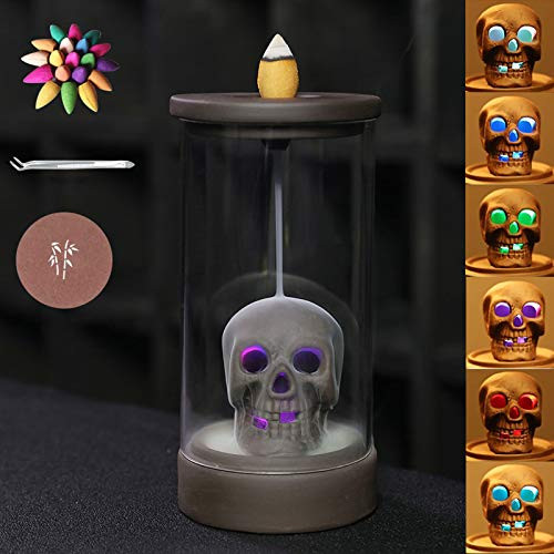 Waterfall Incense Burner Skull Decor Backflow Ceramic Incense Holder Incense Fountain with 120 Backflow Incense Cones for Home Decor Office Yoga Aromatcherapy Ornamen