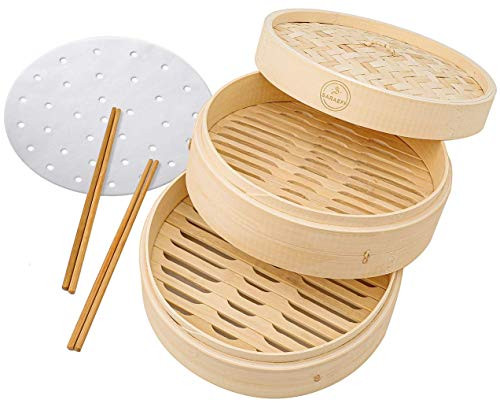 Handmade Natural Bamboo Steamer Basket 10 inch - Dumpling Steamer - Asian - Chinese Food - Bao Bun - Momo - Dim Sum Steamer - 10 Liners and 2 Chopsticks - Vegetable - Seafood Steamer Pot for Cooking Handmade Natural Bamboo Steamer Basket 10 inch - Dumpling Steamer - Asian - Chinese Food - Bao Bun - Momo - Dim Sum Steamer - 10 Liners and 2 Chopsticks - Vegetable - Seafood Steamer Pot for Cooking