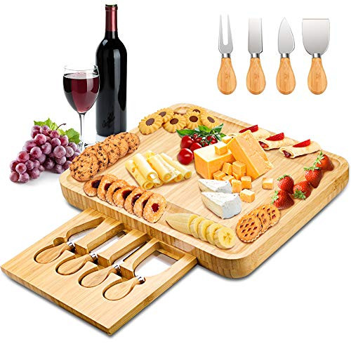 Mosskic Cheese Board and Knife Set,Bamboo Charcuterie Boards Platter Serving Tray for Housewarming Party Birthday Wedding Gifts Mosskic Cheese Board and Knife Set,Bamboo Charcuterie Boards Platter Serving Tray for Housewarming Party Birthday Wedding Gifts
