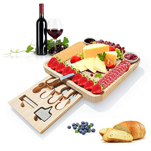 Bamboo Cheese Board and Knife Set, Charcuterie Platter Serving Tray for Wine, Crackers, Brie and Meat, Perfect for Gifts Ideal Bamboo Cheese Board and Knife Set, Charcuterie Platter Serving Tray for Wine, Crackers, Brie and Meat, Perfect for Gifts Ideal