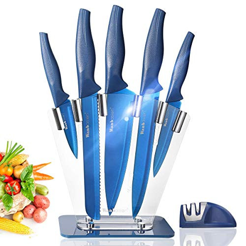 Wanbasion Blue 7 piece Kitchen Knife Sets Dishwasher Safe, Knife Block Stainless Steel with Knives, Professional Knife Set for Kitchen with Sharpener