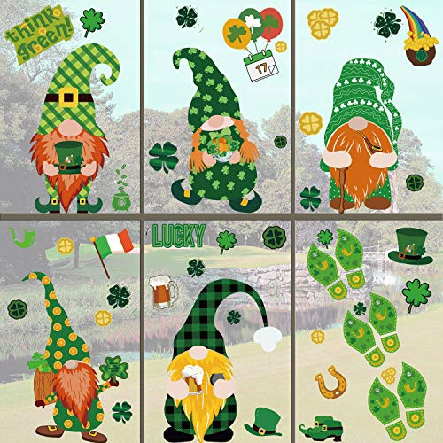 St Patrick's Day Window Cling Gnome Supplies Gnome Leprechaun Footprint Stain Window Decal 9 Sheets Patrick's Day Decorations for Glass Irish Shamrock Rainbow Home Decor Stickers for Holiday Party Accessories