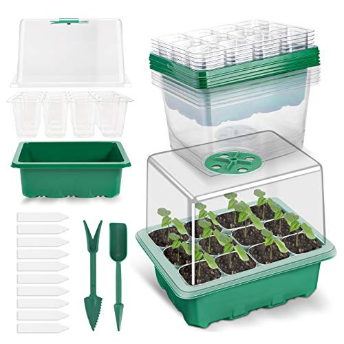 10 Pack 120-cell Seed Starter Tray kit, ANGTUO Plant Germination Starter Kit Growing Trays with Humidity Dome and Base for Greenhouse Grow Wheatgrass Hydroponic(12 Cells per Tray and 12 Tools in Total)