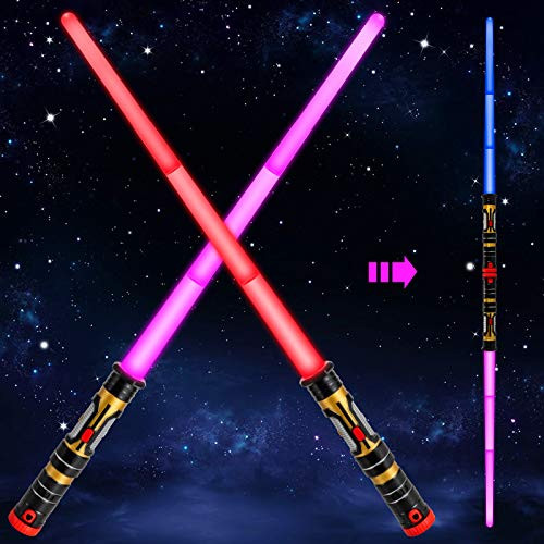 Huanchenda Light Up Saber 2-in-1 LED (3 Colors) FX Dual Swords Set with Sound (Motion Sensitive) and Realistic Handle, Light Sabers for Kids Star Wars, Galaxy War Fighters, Halloween Party