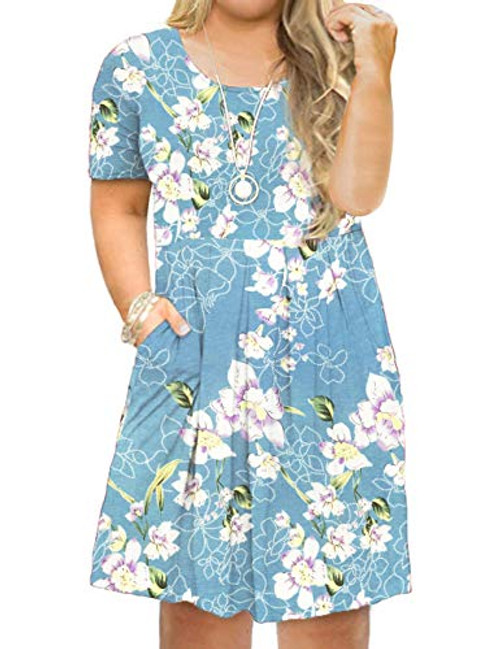 FOLUNSI Womens Plus Size Floral Pockets Short Sleeve Casual Swing Loose Dress 01 3XL