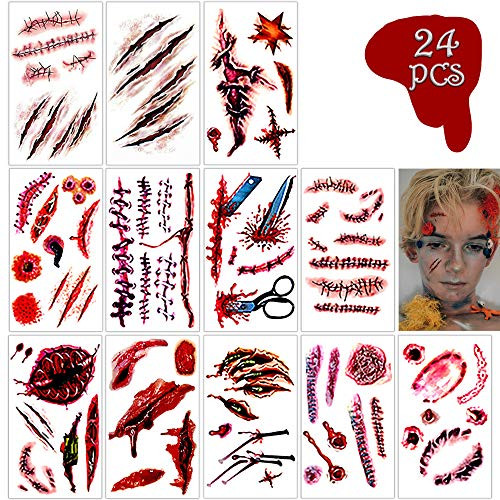 Halloween Temporary Tattoos, 24 Sheets, Fake Wounds Temporary Tattoo Scar Stickers, Realistic Bloody Makeup Face Decorations, Waterproof Wound Blood Bleeding Tattoo for Halloween Costume, CosPlay