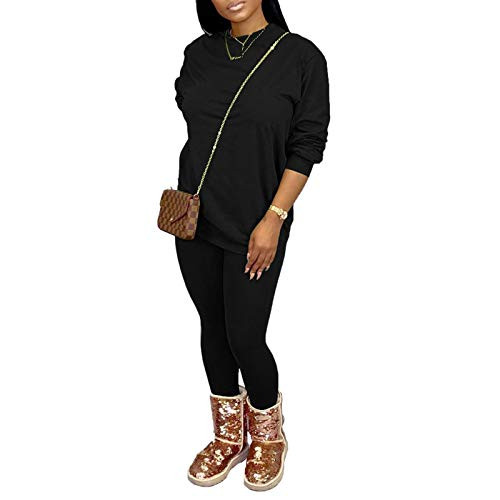 Women's 2 Piece Outfits Tracksuit Long Sleeve Oversized Sweatshirts High Waisted Skinny Pants Sweatsuit Jogger Set Black L