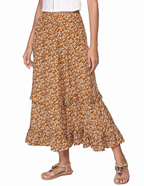 Zeagoo Long Skirt for Women Elastic Waist Midi Skirt Bohemian Maxi Skirt with Pockets High Waist Skirt Pleated Skirt XL