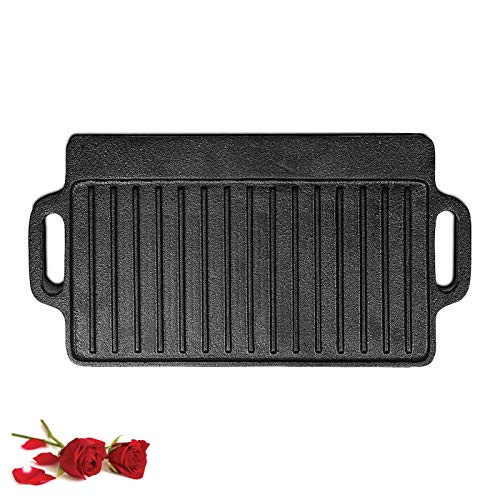 1-Piece 15.67 inch Cast Iron Griddle Plate - Reversible Cast Iron Grill Pan - Double Sided Used On Single Burner - Non -Coating Pre-Seasoned - KUTIME Versatile Baking Cast Iron Grill