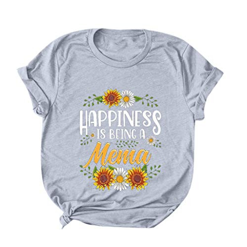 Pan Hui Women Sunflower Graphic Letter Print Short Sleeve Casual Tops Graphic Tees Cute Sunflower Print Summer T Shirt Gray