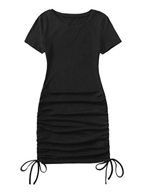 SheIn Women's Ruched Short Sleeve Mini Bodycon Dress Round Neck Drawstring Short Dresses Black Medium