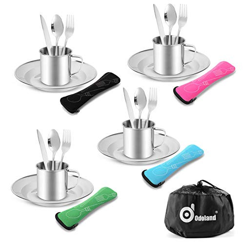 Odoland 25pcs Stainless Steel Utensils Camping Tableware Kit with Plates Cups Forks Spoons and Knives for 4, Cutlery Flatware Set for Backpacking, Outdoor Camping Hiking and Picnic
