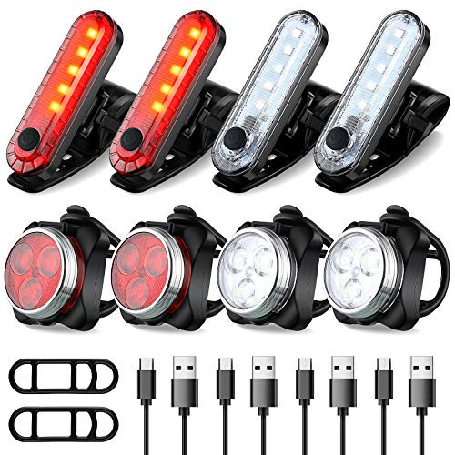 8 Pieces USB Rear and Front Bike Light Set USB Rechargeable LED Bicycle Light Waterproof Headlight and Taillight Safety Bike Light with 4 Light Modes Cycle Flashing Light for City Road Mountain Bike