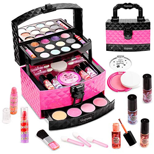 Vextronic Girl Makeup Toy Set 29 Pcs Washable Kids Makeup Kit for Girls, Pretend Play Makeup Kit for Kids, Non-Toxic, Real Cosmetic Toy Beauty Set for Kids Birthday Gift