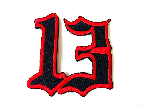 Tyga_Thai Brand Lucky Number 13 Thirteen Logo Biker Rider Applique Sew on Iron on Embroidered Applique Patch - Black Red (IRON-13-BKRD)