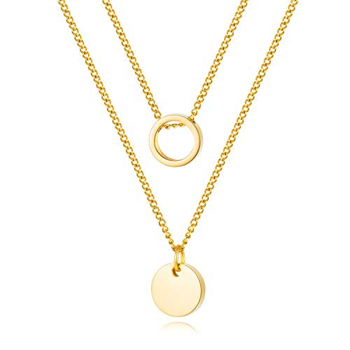 Rockyu Layered Disc Pendant Choker Necklace for Women Gold Plated Stainless Steel Circle Pendant Plain Medal Double Chain 13 16 Inch Dainty Necklace for Best Friend Birthday