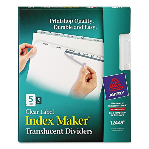 Avery 12449 Index Maker Translucent Dividers, 5-Tabs/Clear, Letter, 5 Sets/PK