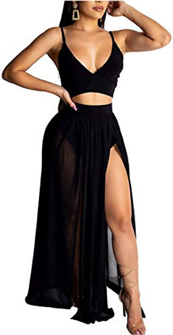 Rela Bota Women's Sexy Summer 2 Piece Maxi Chiffon Dress Crop Top Skirt Set Beachwear Black M