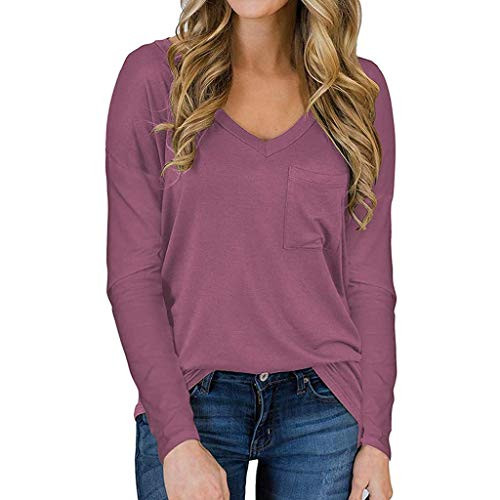 Pan Hui Women Solid Long Sleeve Shirts Casual V-Neck Lightweight Tunic Tops Comfy Loose Pullover Sweatshirt Warm Blouse Red