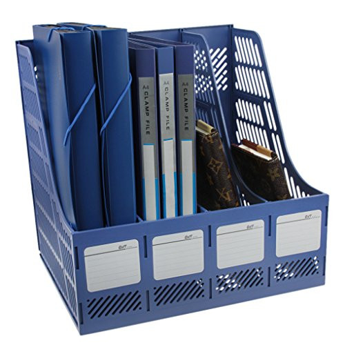 Plastic File Holder Office Desk Organizer Literature Magazine Paper Document Folder Tray Desktop File Letter Caddy Organiser Sorter Frame Rack Storage Cabinet Container, 4-Compartment Slots, Blue
