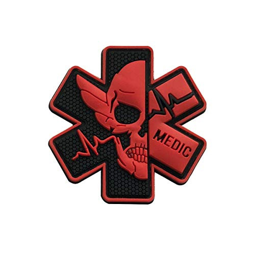 Medic Patch 3D PVC Rubber Paramedic Medical EMS EMT MED First Aid Morale Tactical Morale Skull Military Hook Fasteners Badge (Black Red)