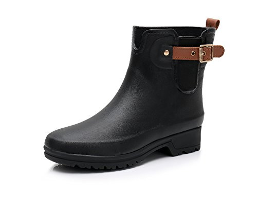 TRIPLE DEER Black Rain Boots for Women Short Rain Boots Girls Ankle Chelsea Booties Rubber Ladies Rain Shoes Rain Footwear, Waterproof Work Boots Garden Shoes