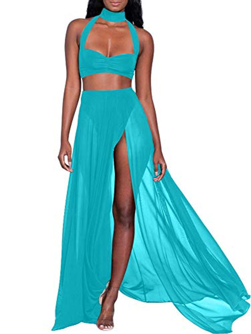 TOB Women's Sexy Summer Halter Slit 2 Piece Maxi Chiffon Dress Skirt Set Sky Blue