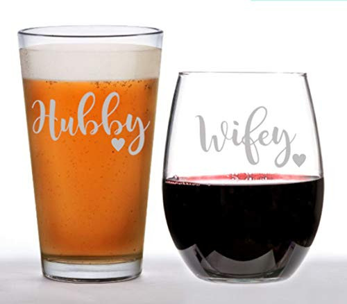 Beer Glass and Wine Glass Set, Hubby  and  Wifey