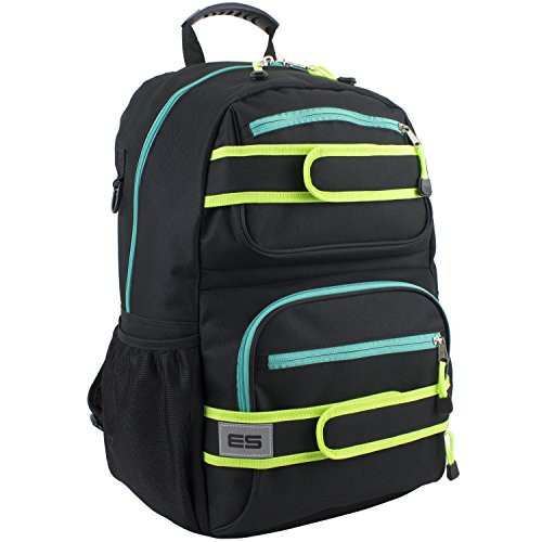 Eastsport Double Strap Skater Multipurpose Backpack, Black/Pool Green and Yellow Trim