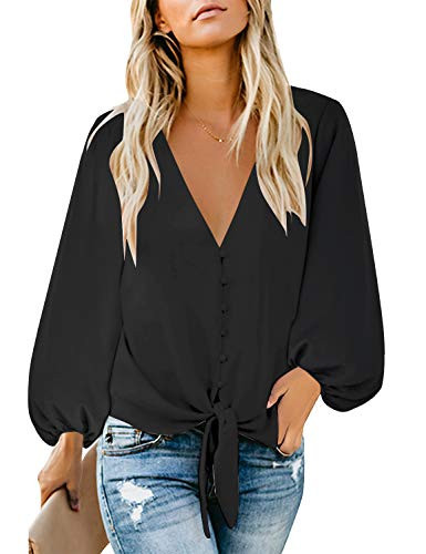 luvamia Women's Casual Long Balloon Sleeve V Neck Loose Button Down Shirts Tie Knot Tops Blouse Black Size L