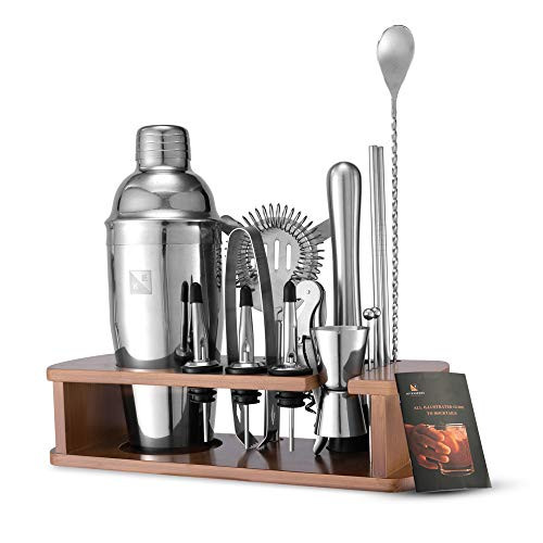 KITESSENSU Cocktail Shaker Set Bartender Kit with Stand - Bar Kit Drink Mixer Set for Drink Mixing - Bar Tools: Martini Shaker, Jigger, Strainer, Mixer Spoon, Muddler, Liquor Pourers, More - Silver