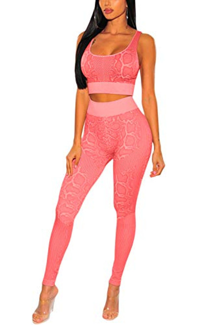 ioiom Women's 2 Piece Tracksuit Workout Outfits - Seamless High Waist Leggings and Stretch Sports Bra Yoga Activewear Set Pink L